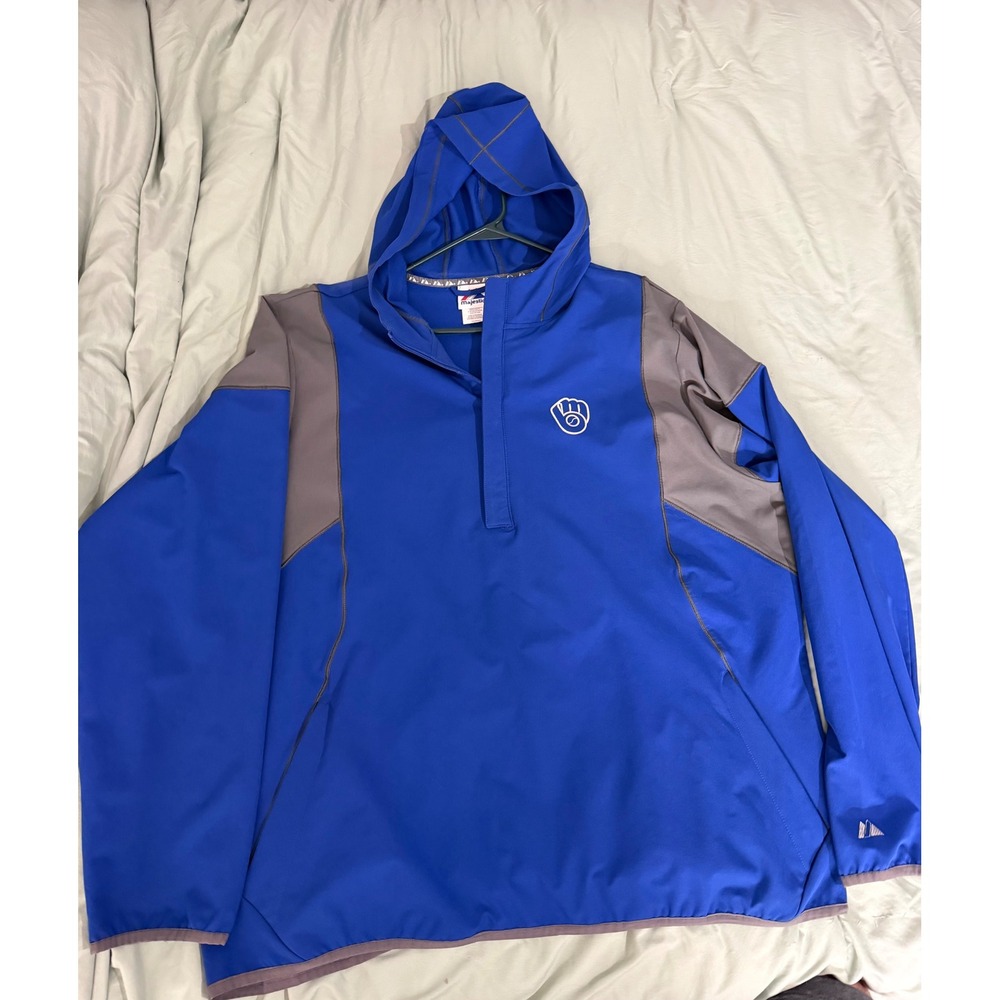 Majestic Milwaukee Brewers MLB Hoodie Mens 2XL Blue Grey 1/4 Zip Pullover